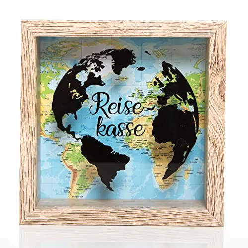 Logbuch-Verlag Spardose Reisekasse Geschenk Geburtstag Hochzeit Weltkarte Globus Motiv braun bunt Sparbüchse für Reise Urlaub 15 cm