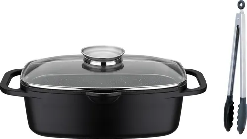 GSW Bräter Gourmet Granit, 6L, Induktion, 2-tlg. Set mit Servierzange - Hochwertiger GSW Universalbräter aus Aluminiumguss mit langlebiger Antihaft-Versiegelung. Ideal für gleichmäßige Hitzeverteilung und vielseitige Zubereitung. Inkl. Aroma-Glasdeckel und praktischer Abgießfunktion.
