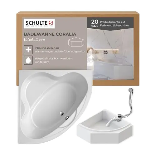 Schulte Badewanne Coralia, Eckbadewanne, 140x140 cm - Badewanne aus hochwertigem Sanitäracryl, ideal für kleine Badezimmer, mit integrierter Wärmeisolierung für langanhaltenden Komfort und praktischem Komplett-Set inkl. Ablaufgarnitur.