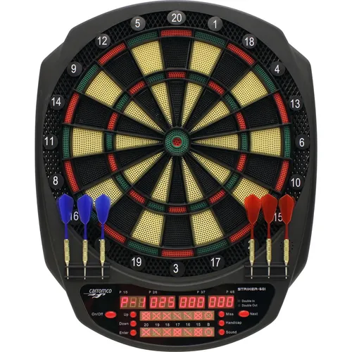 Carromco Dartscheibe STRIKER-601, elektronisches Dartboard, (Set, 6-tlg., mit Dartpfeilen), 3-Loch, rot-grün-beige-schwarz, 36 Spiele, 585 Varianten inkl. Cricket
