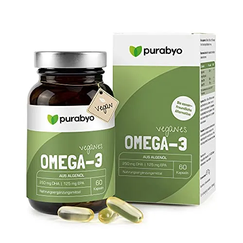 Algenöl OMEGA 3 Vegan | im Glas | Nur 1 Kapsel täglich | Zwei-Monatsversorgung | hochdosiert | Hoher EPA Gehalt | 250 mg DHA und 125 mg EPA