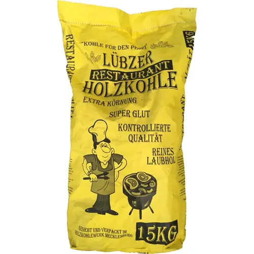 Lübzer Gastro-Holzkohle 15 kg - Holzkohle für Gastronomie und Hobbygriller, aus reinem Laubholz mit grober Körnung für perfekte Glut und geringe Rauchentwicklung.