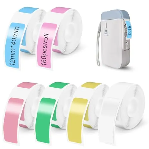 Bmliingchau 6 Rolls Etikettenband-Ersatz, Thermal Label Tape für Phomemo D30/D32/D35/Q30/Q30/Q31,für MARKLIFE P11/P12/P15,für iEager L11/L12,für VRETTI HP3/HP4, 12 x 40 mm Self-Adhesive 160 pcs/Roll