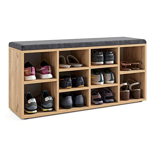 KOMTO Schuhbank mit Sitzfläche - Schuhregal Honig Eiche - Drohnen-Zubehör mit gepolsterter Sitzfläche, ideal zum bequemen Anziehen der Schuhe. 10 verstellbare Regale bieten viel Stauraum, einfach zu montieren mit Anleitung.