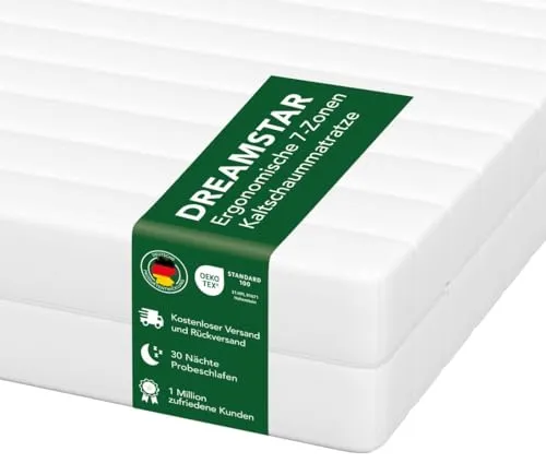 DREAMSTAR Easy Flex | Ergonomische 7-Zonen Kaltschaummatratze, H3 & H4 - Öko-Tex zertifizierte 7-Zonen Kaltschaummatratze mit zwei Härtegraden für individuelle Anpassung und optimale Druckentlastung. Atmungsaktiver Bezug, waschbar bis 60°C, ideal für jeden Schlaftyp.