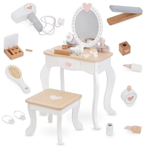 Mamabrum Spielzeug-Frisierkoffer – Interaktiver Holz Schminktisch mit Zubehör - Frisier-Sets: Hochwertiger Holz-Schminktisch mit Hocker und großem Spiegel, fördert die Kreativität und Motorik von Kindern ab 3 Jahren.