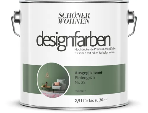 Wandfarbe Designfarbe Grün - Ausgeglichenes Piniengrün von Schöner Wohnen 2,5L - Hochwertige Innenfarbe in seidenmattem Grün, die bereits mit einer Schicht perfekt deckt und UV-beständig ist. Ideal für alle Zimmer, schnelle Trocknung nach 6 Stunden.