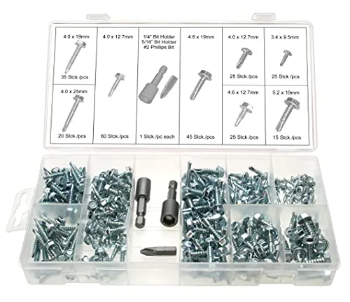 Selbstbohrende Blechschrauben Sortiment ø3,4-4.0 - 4,6-5,2 mm/Selbstschneidende Schrauben Bohrschrauben m. Bohrspitze/Länge 9.5-19 mm - inklusive magnetischer Bithalter u. PH2 Bit, 253-tlg.