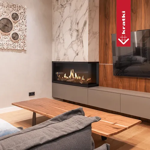 Gaskamin KRATKI LEO 100 rechts Erdgas ∅ 100/150 9 kW - Eleganter Gaskamin mit realistischer Flammensicht. Komfortable Bedienung per Fernbedienung, energieeffizient und einfach zu installieren – ideal für jeden Raum ohne Schornstein.