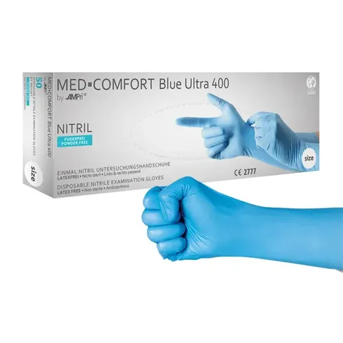 Nitrilhandschuhe Ampri Med Comfort Blue Ultra 400 M - Hochwertige puderfreie Nitrilhandschuhe in Blau, ca. 400 mm lang. Ideal für den professionellen Einsatz, bieten sie Schutz und Komfort in jeder Situation. 50 Stück pro Box.