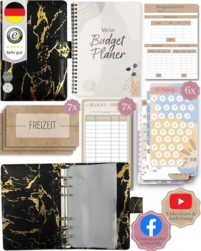 BeginnerBudget® Budget Planner Deutsch - Starterset mit Sparchallenge Budgetplaner - Sparen mit Umschlagmethode + Anleitung - Ringbuch A6 - Binder A6 Marmor-Style (Schwarz (mit Budgetplaner))