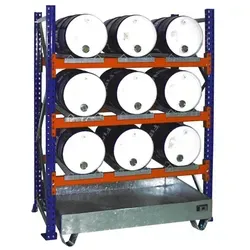 BAUER Fassregal mit Auffangwanne für 9 x 60 l Fässer - Werkstatteinrichtung mit integrierter Auffangwanne, sichert 200 Liter und schützt vor Flüssigkeitsverlust.