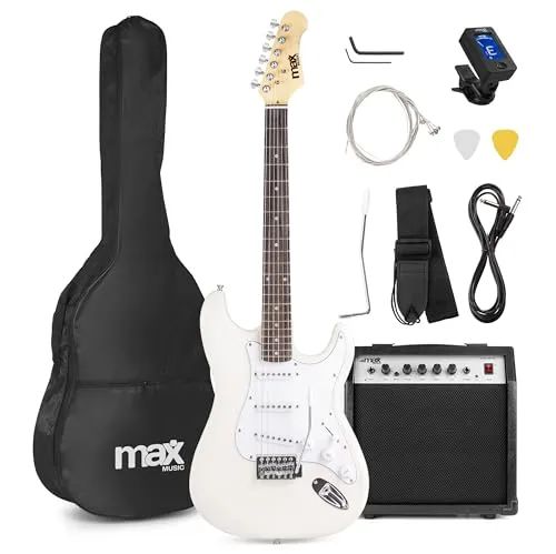Max GigKit E Gitarre Set, E Guitar, Elektrogitarre mit Verstärker 40 Watt, Gitarrentasche, Plektrum, Gurt, Stimmgerät, Instrumentenkabel, Ersatzsaiten, 4/4 Electric Guitar, E Gitarren Set in Weiß