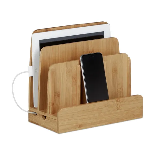 Holz Ladestation Dockingstation für Smartphones - Kabellose Qi-Ladegeräte mit 5 Fächern und 3 Ablagen, aus hochwertigem Bambus für eine stilvolle und ordentliche Aufbewahrung Ihrer Geräte.