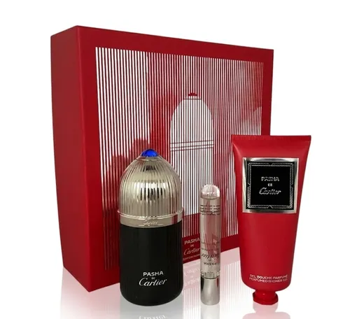 Cartier Pasha Edition Noire Geschenkset - Parfüm-Geschenkset mit 100ml EDT, 10ml EDT und 100ml Duschgel, ideal für stilvolle Männer, die einen holzig-aromatischen Duft bevorzugen.