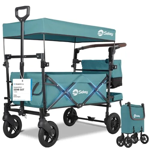 Sekey Bollerwagen Faltbar mit Dach für 2 Kinder, 150KG - Faltbarer Handwagen mit geräuscharmen PU-Rädern und komfortabler Stoßdämpfung, ideal für Ausflüge mit Kindern. Großzügiger Stauraum von 110L und 2-jähriger Garantie sorgen für ein sorgenfreies Abenteuer.