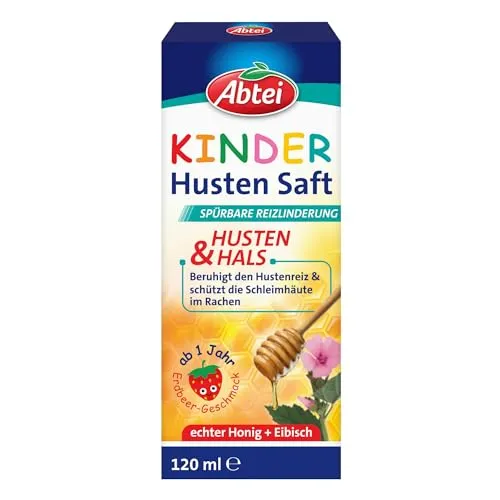 Abtei Kinder Husten Saft, 120 ml - Medikamente bei Erkältung: Beruhigt die oberen Atemwege mit Eibisch und Honig, speziell für Kinder ab 1 Jahr mit leckerem Erdbeer-Geschmack, frei von Farbstoffen, gluten- und laktosefrei.