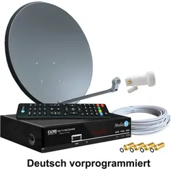 Digitale Satanlage Komplettset 60cm mit HDTV Receiver - SAT-Antennen Komplettset für 1 Teilnehmer, 60 cm Sat-Spiegel mit hochwertigem 0,1dB LNB und benutzerfreundlichem HDTV Receiver für über 100 deutsche TV-Sender in Full HD.