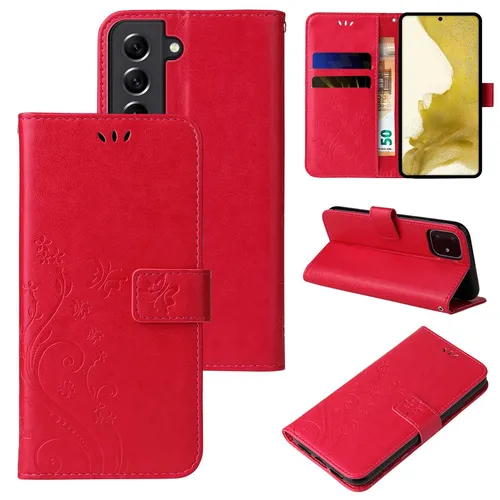 Handy Tasche für Samsung Galaxy S22 Handyhülle Blumen Buch Klapp Cover Case Rot