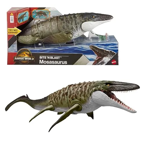 Mattel Jurassic World Mosasaurus Actionfigur mit Mini-Dilophosaurus - Dinosaurier-Spielzeug mit beweglichem Design, Biss- und Attackefunktionen, ideal für spannende Abenteuer und Sammlungen ab 4 Jahren.