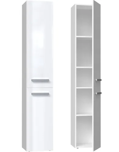 CDF Bad-Hochschrank NEL ll - Weiß glänzend, modernes Design mit geräumigen Einlegeböden und stilvollen Griffen für eleganten Stauraum im Bad
