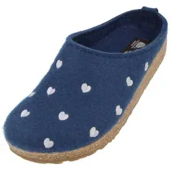 Haflinger Grizzly Cuoricino Filzclog Unisex mit Herzmotiv in Blau (Größe 36) - Bequeme Filzclogs aus reinem Wollfilz für Zuhause. Mit weichem Kork-Latex Fußbett bieten sie optimalen Tragekomfort und sind ideal für entspannte Stunden.