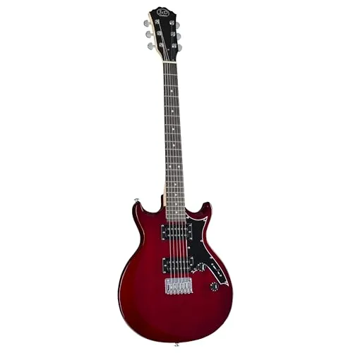 Double Cut E-Gitarre Wine Red, Linde Korpus, Ahornhals geschraubt, 2 Open-Coil Humbucker, 6-Saddle Hardtail Bridge, 22 Bünde, passiv, komfortables Handling, robust, klangstark