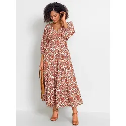 Witt Etuikleid Druck-Kleid 3/4-Arm in Weiß und Papaya - Elegantes Etuikleid mit modischem V-Ausschnitt und 3/4-Ärmeln. Aus leichtem Georgette-Material, ideal für besondere Anlässe. Pflegeleicht und bequem, Größe 36.