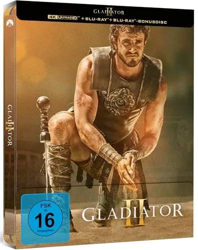 Gladiator II - Steelbook - Film über Macht und Rache im antiken Rom, mit beeindruckendem Steelbook-Design und fesselnder Fortsetzung der legendären Saga von Ridley Scott.