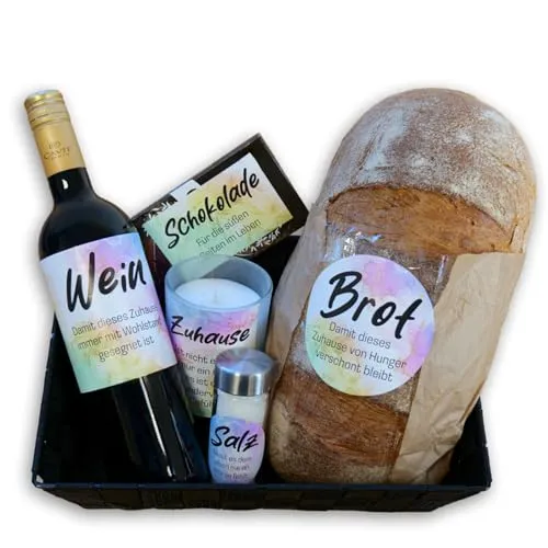 younikat Aufkleber zum Einzug I 5 Stück I Brot Salz Wein Einzugsgeschenk Einweihung I Motiv Bunt I Aufkleber für Präsentkorb I Geschenk-Idee zum Umzug I dv1535