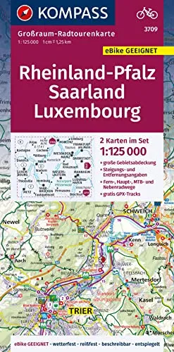 KOMPASS Großraum-Radtourenkarte 3709 Rheinland-Pfalz, Saarland, Luxembourg, 1:125.000: 2 Karten im Set, reiß- und wetterfest, GPX-Daten zum Download (KOMPASS Großraum Fahrradkarte, Band 3709)