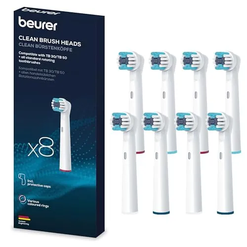 Beurer TB 30/50 Aufsteckbürsten für elektrische Zahnbürste, Clean, 8 Stück, Bürstenköpfe kompatibel mit Oral-B Zahnbürsten, weiße Ersatzbürsten