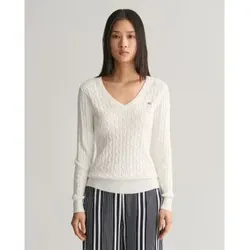 Gant 4800101 Pullover Beige XS - Übergangsjacke aus weicher Baumwoll-Elasthan-Mischung mit V-Ausschnitt und Kabelstrickstruktur. Ein vielseitiger GANT Klassiker für jeden Anlass, ideal kombinierbar mit Jeans oder Röcken.