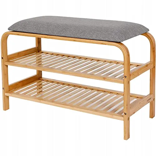 AD.CON Schuhbank aus Bambus mit Sitzkissen - Schuhbank und Schuhregal in Grau, ideal für den Flur. Mit strapazierfähigem Sitzkissen und einer Belastbarkeit von 120 kg pro Sitzplatz.