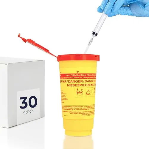 HaseMed Kanülenabwurfbehälter - 30 Stück, Biohazard Entsorgungsbox für Nadeln, Spritzen und scharfe Gegenstände, sicher, hygienisch, mit rotem Deckel, für Kliniken und Pflegeeinrichtungen (500 ml)