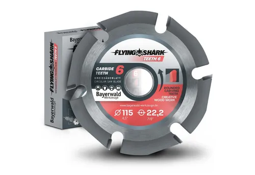 Bayerwald Flying Shark Hartmetall Frässcheibe 115/125 mm - Präzise Trennschnitte mit der Bayerwald Flying Shark Frässcheibe. Ideal für Holz und Kunststoffe, ausgestattet mit 3 oder 6 Hartmetall-Zähnen für effizientes Carven. Sicherheit und Qualität durch MPA Hannover Zertifizierung.