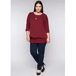 Blusenshirt SHEEGO "Blusenshirt", Damen, Gr. 56/58, rot (rubinrot), 95% Viskose, 5% Elasthan, Webware:100% Polyester, unifarben, Rundhals, 3/4-Ärmel, Shirts