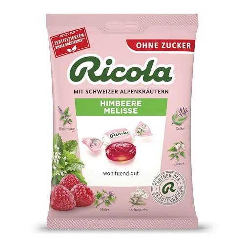 Ricola Himbeere Melisse, 75g Beutel Original Schweizer Kräuter-Bonbons mit 13 Alpenkräutern & fruchtig-frischer Himbeere, zuckerfrei, 1 x 75g, vegan