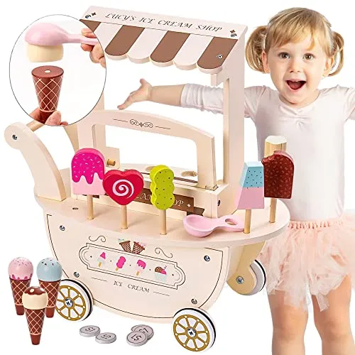 Mamabrum Eiswagen Holzspielzeug - Eisdiele mit Zubehör, magnetisches EIS-Set für kreatives Rollenspiel und Feinmotorikförderung ab 3 Jahren
