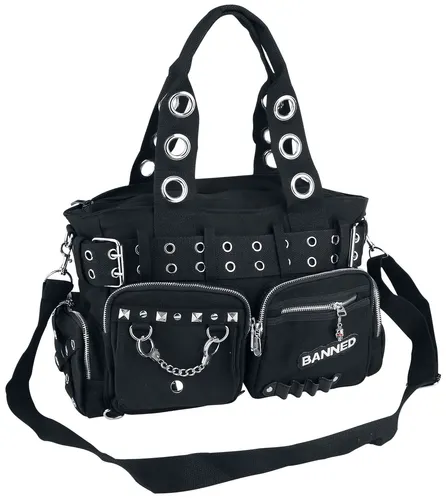 Banned Damen Handtasche mit Handschellen-Details - Rockabilly-Look, schwarze Leinwand, Größe: Large, stylisches Accessoire für den individuellen Look