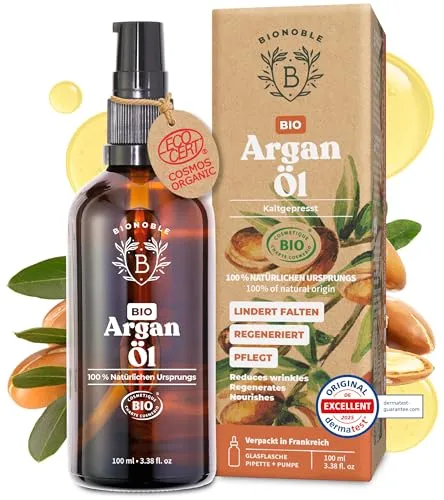 BIONOBLE Arganöl Bio Kaltgepresst in Marokko - Repariert, Nährt, Gegen Falten - Arganöl Haare, Gesicht, Haut - Argan Oil 100% Rein, Natürlich, Ohne Hexan - Glasflasche, Pipette, Pumpe - 100ml