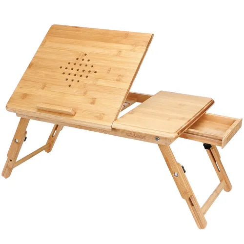 CASARIA höhenverstellbarer Laptoptisch 106908 - Höhenverstellbarer Lapdesk aus pflegeleichtem Bambusholz, ideal für Laptops bis 15,6 Zoll. Klappbar und mit seitlichem Schubfach für Schreibutensilien, perfekt für Bett, Couch oder Schreibtisch.