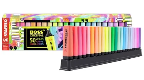 STABILO BOSS ORIGINAL - 23er Tischset mit 9 Neon- und 14 Pastellfarben - Textmarker-Set mit 23 Farben, inklusive ANTI-DECKING TECHNOLOGIE für bis zu 4 Stunden Nutzung ohne Austrocknen. Ideal für Schule, Büro oder kreative Projekte.