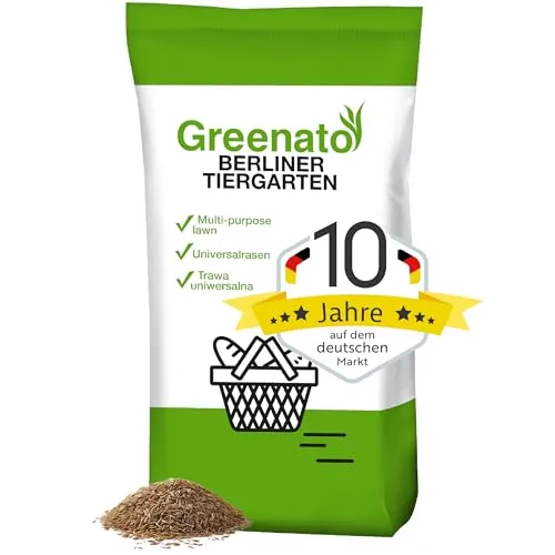 Greenato Rasensamen Berliner Tiergarten - 15 kg, schnellkeimend für robusten Zierrasen - Rasensaat für 600-700 m² - robust, pflegeleicht und ideal für Spiel- und Zierrasen, mit Trockenheitsresistenz für saftig grünes Gras auch bei Wasserknappheit.