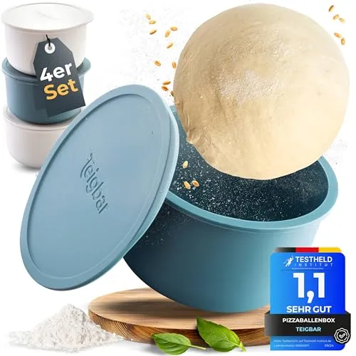 Teigbar« Pizzaballenbox mit Deckel, 4er Set - platzsparende Teigbox aus löse-leichtem Silikon - bis zu 350g Pizzateig Box mit Deckel, Pizza Box - Blau/Weiß - Ø13cm