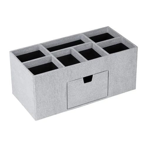 BIGSO VENDELA Schreibtisch Organizer mit 7 Fächern und Schublade – Ablagebox aus Faserplatte und Papier in Leinenoptik – Schreibtischset für Büromaterial – hellgrau