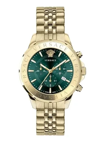 Versace Schweizer Uhr Signature - Luxuriöse Schweizer Quarz-Uhr mit goldfarbenem Edelstahl-Gehäuse und grünem Zifferblatt, wasserdicht bis 5 bar – ein stilvolles Accessoire für jeden Anlass.