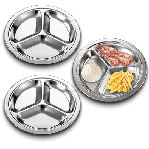 SUNOYA 3 Stück Edelstahl-Teller, 24 cm Edelstahl Geteilt Abendessen Teller, Geteilter Speiseteller, mit 3 Fach, für Kinder, Erwachsene, Camping, Diät Portion Control