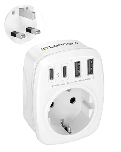 LENCENT Adapter England Deutschland Stecker, EU auf UK, Reiseadapter Netzadapter Typ-G Reisestecker für Großbritannien Irland Wand Steckdosen, Mit 2 USB-A/2 USB-C/AC Steckdosenadapter
