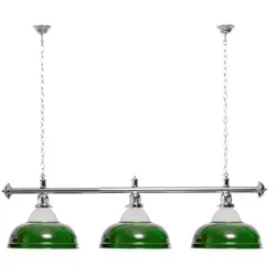Billard Lampe 3 Schirme grün mit Glas / silberfarbene Halterung